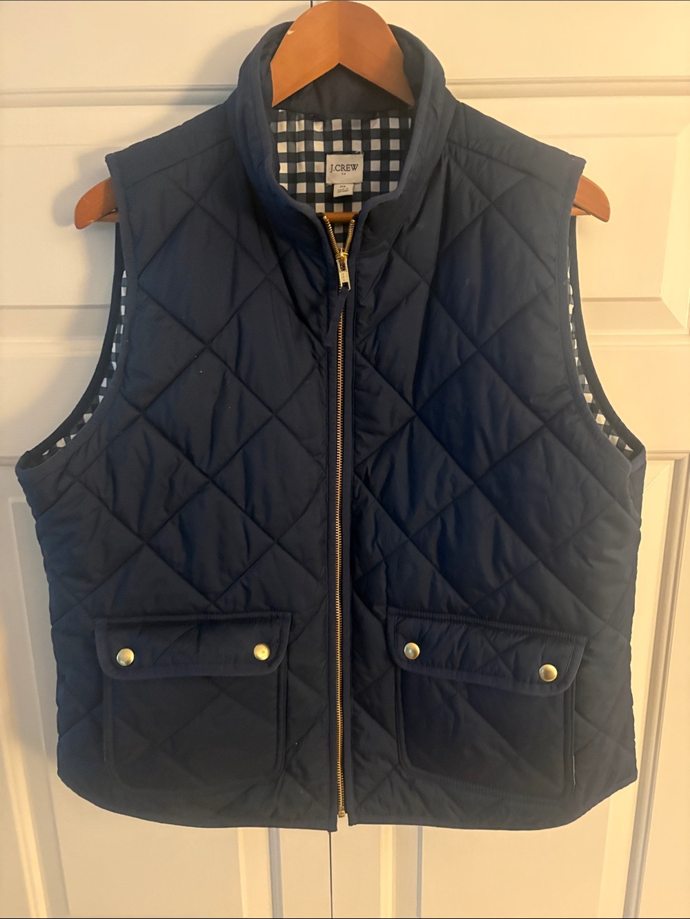 J. Crew Navy Quilted Vest with Gingham Lining